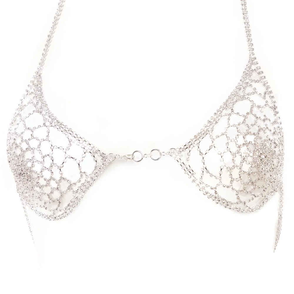 Fashion Nova Always Shining Rhinestone Body Chain Bra- Silver NWT